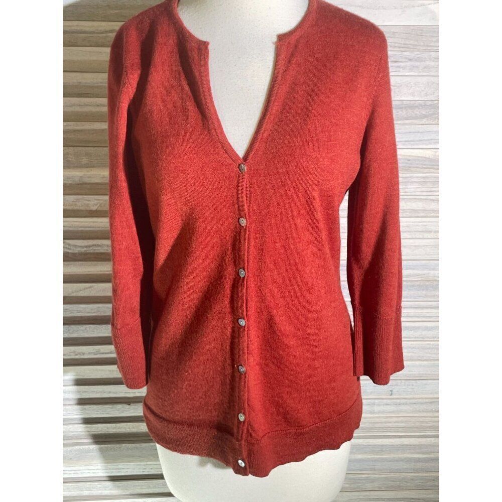 Carole Little Med 100% Merino Wool Cardigan Sweater Burnt Orange 3/4 Sleeve